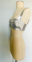 Load image into Gallery viewer, Reworked Sequin Floral Bralette Top – Silver Stretch Disco Glam XS/S