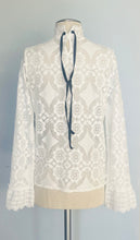 Load image into Gallery viewer, Reworked white lace black bow angel sleeve blouse. S M