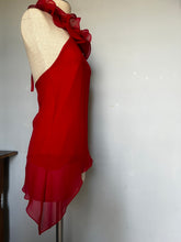Load image into Gallery viewer, Vintage red silk ruffled neck blouse or overlay top - XS