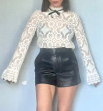 Load image into Gallery viewer, Reworked white lace black bow angel sleeve blouse. S M