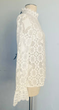 Load image into Gallery viewer, Reworked white lace black bow angel sleeve blouse. S M
