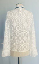 Load image into Gallery viewer, Reworked white lace black bow angel sleeve blouse. S M