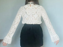 Load image into Gallery viewer, Reworked white lace black bow angel sleeve blouse. S M