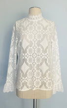 Load image into Gallery viewer, Reworked white lace black bow angel sleeve blouse. S M