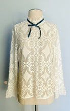 Load image into Gallery viewer, Reworked white lace black bow angel sleeve blouse. S M