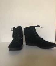 Load image into Gallery viewer, Vintage 80s lace up Ferregamo black suede sheepskin booties size 8 US