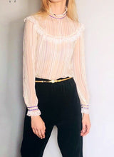 Load image into Gallery viewer, Vintage sheer silk lace ruffled blouse Small