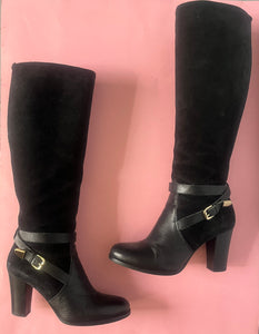 Vintage Italian black suede & leather knee high boots Sz 7-7.5 US