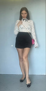 Reworked white lace black bow angel sleeve blouse.  S  M
