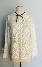 Load image into Gallery viewer, Reworked white lace black bow angel sleeve blouse.  S  M
