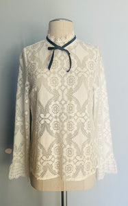 Reworked white lace black bow angel sleeve blouse.  S  M