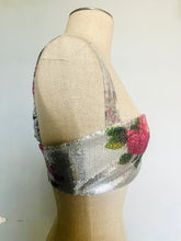 Load image into Gallery viewer, Reworked Sequin Floral Bralette Top – Silver Stretch Disco Glam XS/S
