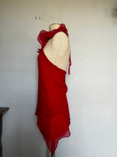 Load image into Gallery viewer, Vintage red silk ruffled neck blouse or overlay top - XS
