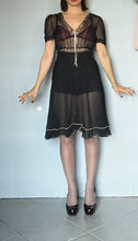 Load image into Gallery viewer, Reworked customized black sheer silk &amp; lace dress Xs S
