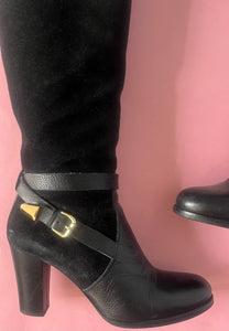 Vintage Italian black suede & leather knee high boots Sz 7-7.5 US