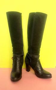 Vintage Italian black suede & leather knee high boots Sz 7-7.5 US