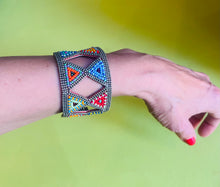 Load image into Gallery viewer, Designer E &amp; M vintage leather &amp; beaded design cuff bracelet
