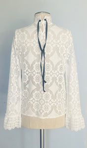 Reworked white lace black bow angel sleeve blouse.  S  M