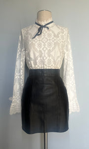 Reworked white lace black bow angel sleeve blouse.  S  M