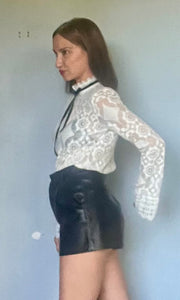Reworked white lace black bow angel sleeve blouse.  S  M