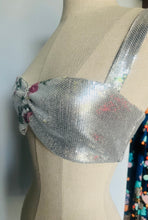 Load image into Gallery viewer, Reworked Sequin Floral Bralette Top – Silver Stretch Disco Glam XS/S
