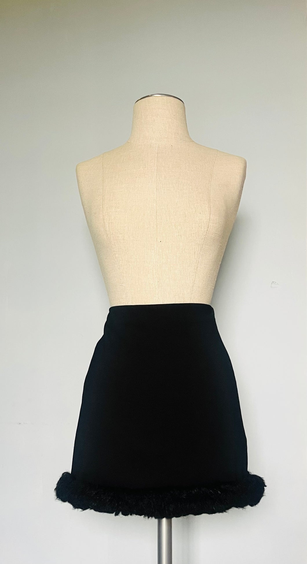 Custom black fur trim high waist mod ultra mini skirt - Small