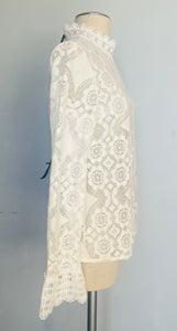Reworked white lace black bow angel sleeve blouse.  S  M