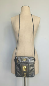 Vintage 90s versace inspo tiger studded electric grey leather cross body purse