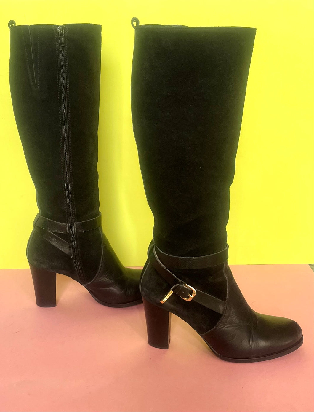 Vintage Italian black suede & leather knee high boots Sz 7-7.5 US