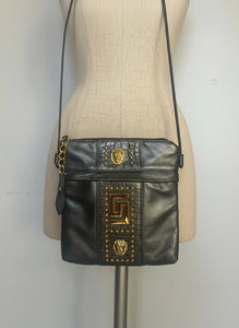 Vintage 90s versace inspo tiger studded electric grey leather cross body purse