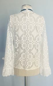 Reworked white lace black bow angel sleeve blouse.  S  M