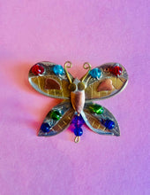 Load image into Gallery viewer, Bejeweled vintage 60s handmade bohemian butterfly brooch
