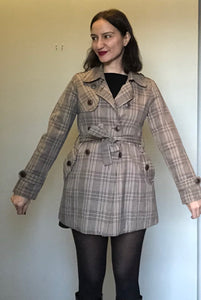Vintage 90s brown plaid spy trench jacket Small