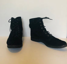 Load image into Gallery viewer, Vintage 80s lace up Ferregamo black suede sheepskin booties size 8 US
