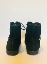 Load image into Gallery viewer, Vintage 80s lace up Ferregamo black suede sheepskin booties size 8 US
