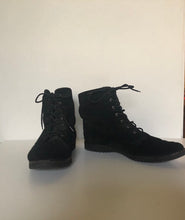 Load image into Gallery viewer, Vintage 80s lace up Ferregamo black suede sheepskin booties size 8 US

