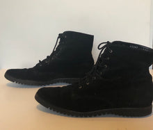 Load image into Gallery viewer, Vintage 80s lace up Ferregamo black suede sheepskin booties size 8 US
