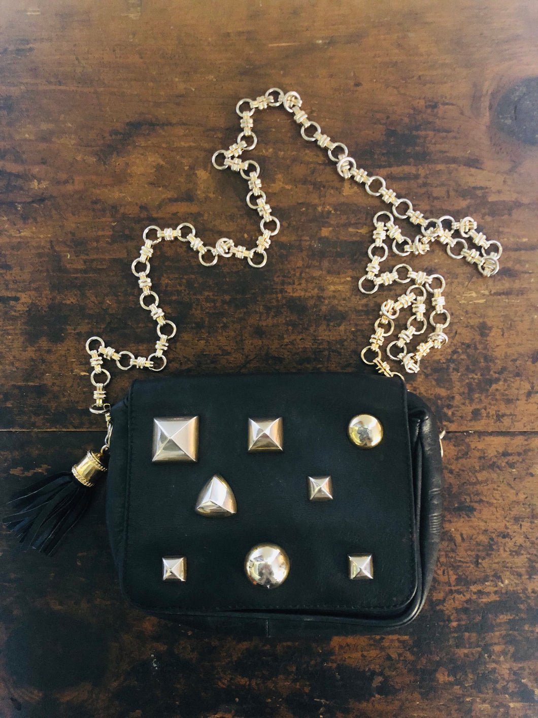 Vintage 80s cross body black leather studded punk chic purse
